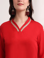 Thumbnail for Yufta Red Floral Lace Work Straight Kurta And Trouser With Dupatta Set