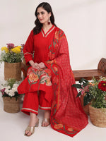 Thumbnail for Yufta Red Floral Lace Work Straight Kurta And Trouser With Dupatta Set