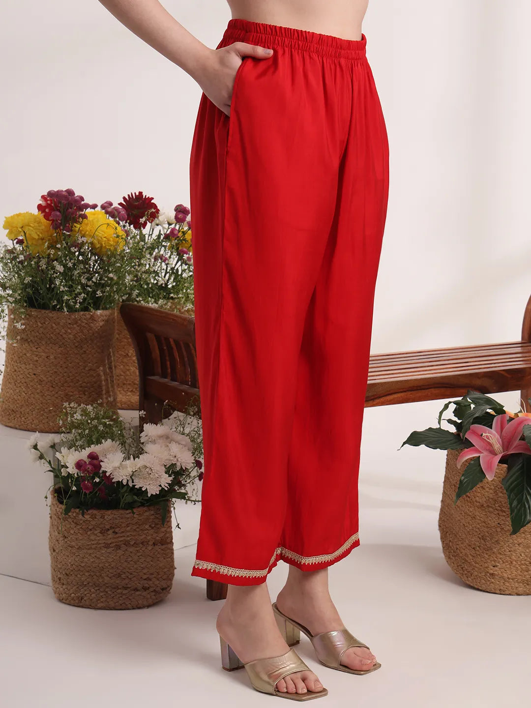 Yufta Red Floral Lace Work Straight Kurta And Trouser With Dupatta Set