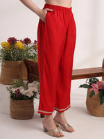 Thumbnail for Yufta Red Floral Lace Work Straight Kurta And Trouser With Dupatta Set