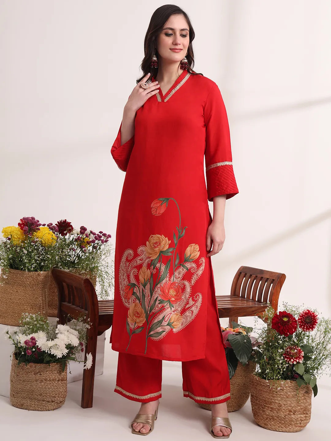 Yufta Red Floral Lace Work Straight Kurta And Trouser With Dupatta Set
