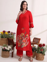 Thumbnail for Yufta Red Floral Lace Work Straight Kurta And Trouser With Dupatta Set