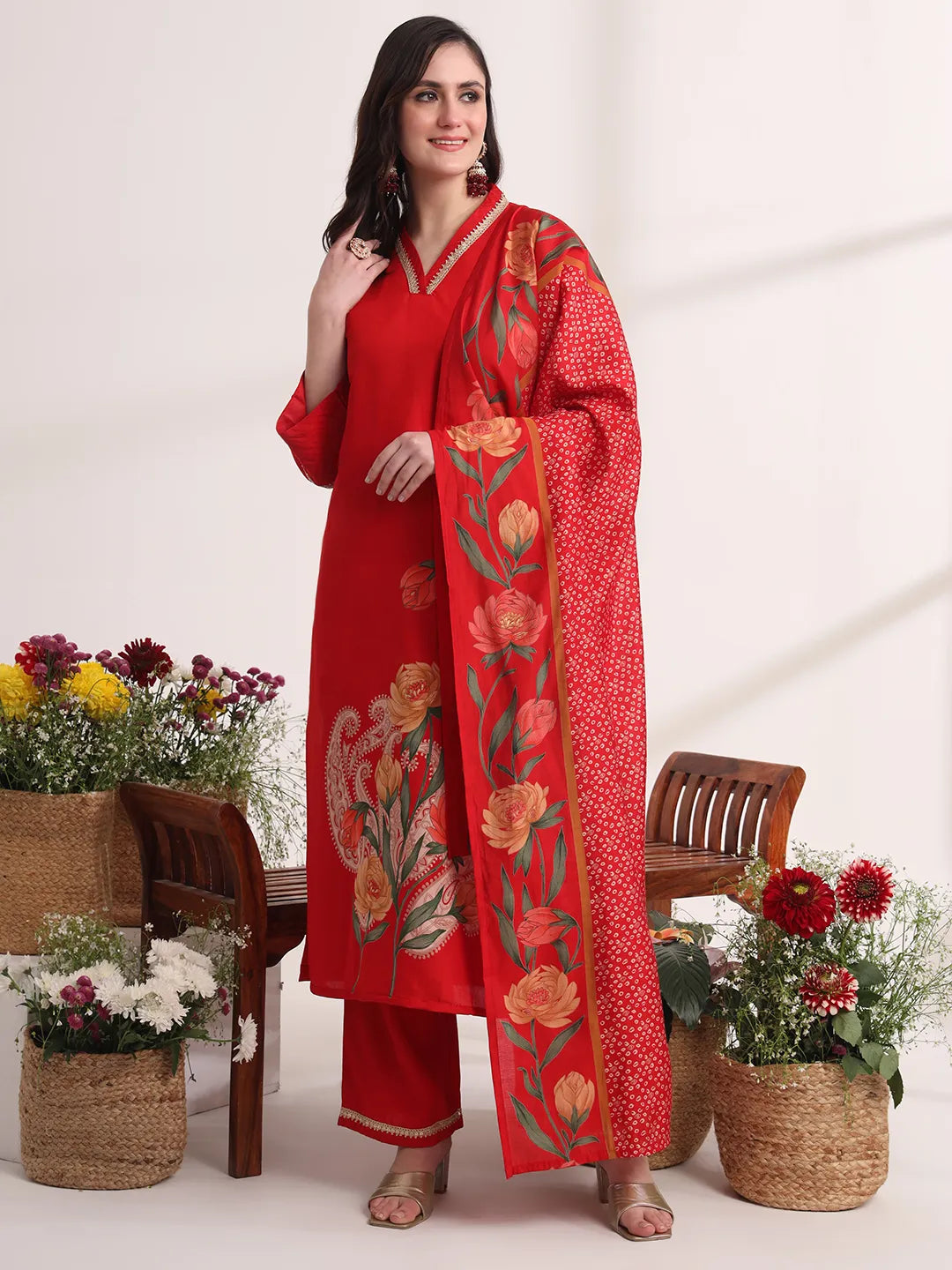 Yufta Red Floral Lace Work Straight Kurta And Trouser With Dupatta Set - Distacart