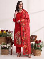 Thumbnail for Yufta Red Floral Lace Work Straight Kurta And Trouser With Dupatta Set