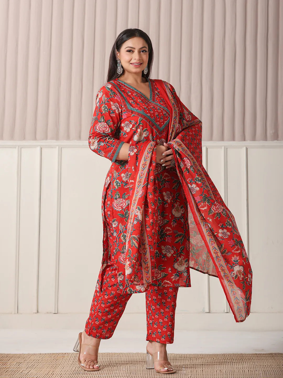 Yufta Red Floral Print Cotton Cutdana Work Plus Size Kurta Set With Pant & Dupatta - Distacart
