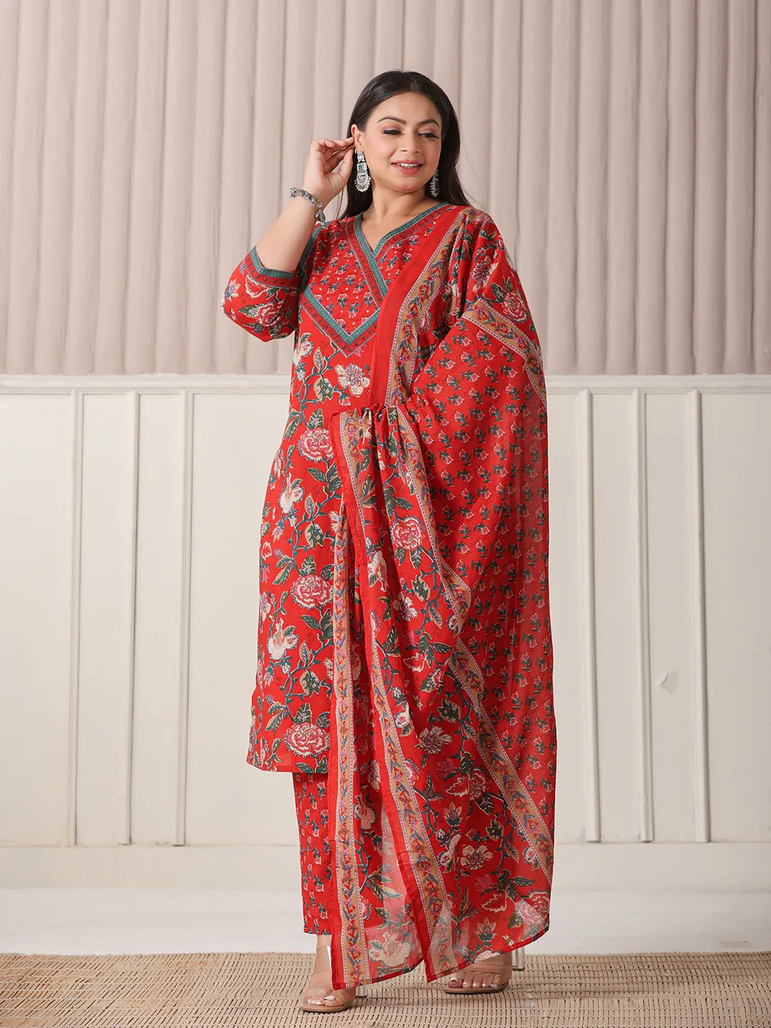 Yufta Red Floral Print Cotton Cutdana Work Plus Size Kurta Set With Pant & Dupatta - Distacart