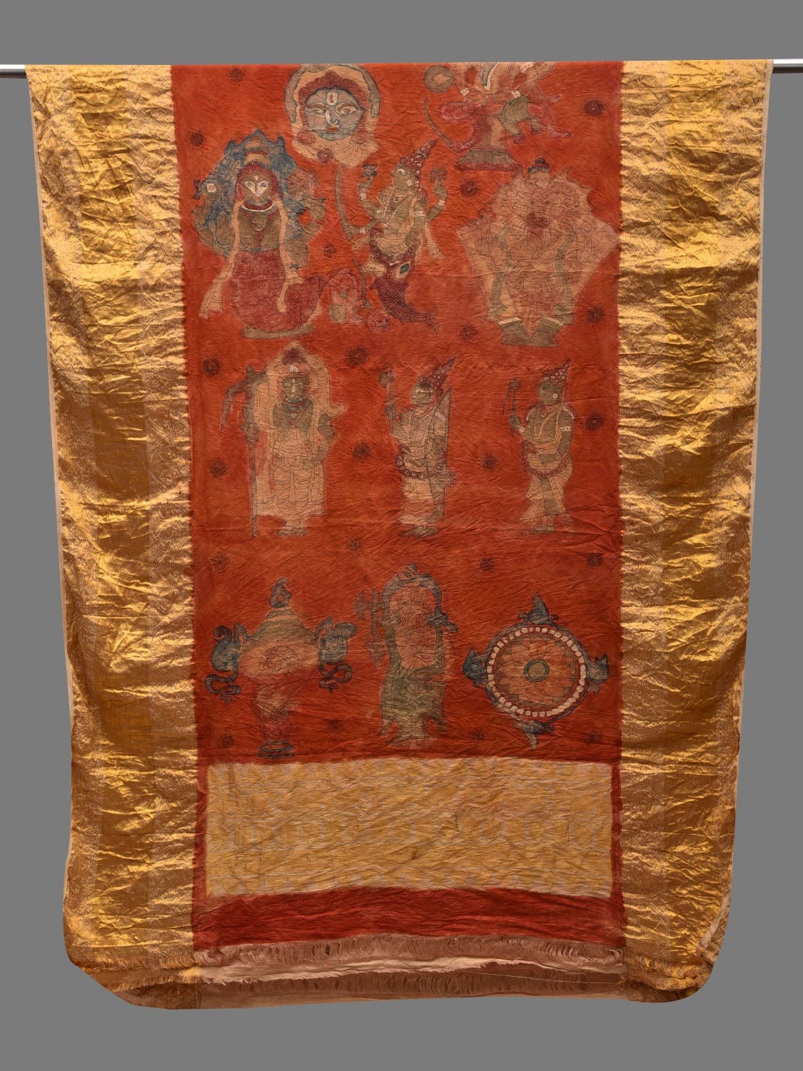 Red Kalamkari Hand Painted Kanchipuram Silk Handloom Dupatta with Dashavatar Design - Global Threads - Distacart