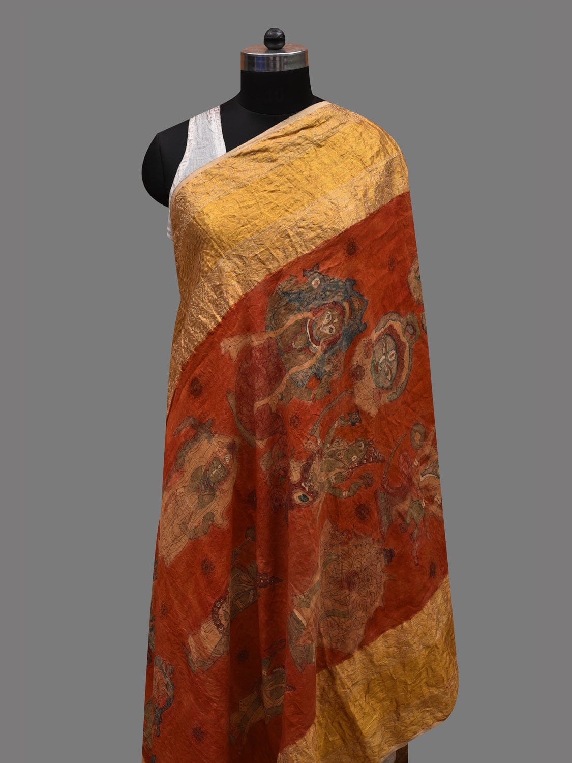 Red Kalamkari Hand Painted Kanchipuram Silk Handloom Dupatta with Dashavatar Design - Global Threads - Distacart