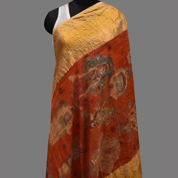 Red Kalamkari Hand Painted Kanchipuram Silk Handloom Dupatta with Dashavatar Design - Global Threads - Distacart