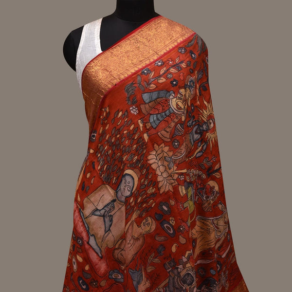 Red Kalamkari Hand Painted Kanchipuram Silk Handloom Dupatta with Dashavatar Design - Global Threads - Distacart