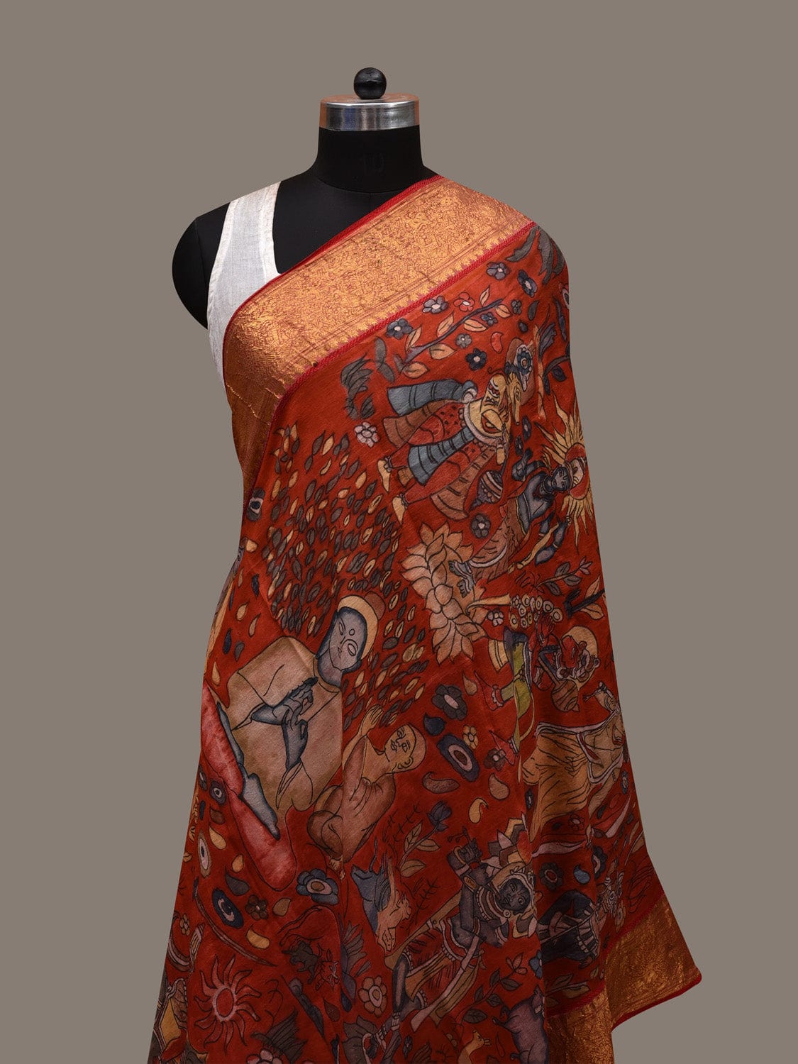 Red Kalamkari Hand Painted Kanchipuram Silk Handloom Dupatta with Dashavatar Design - Global Threads - Distacart