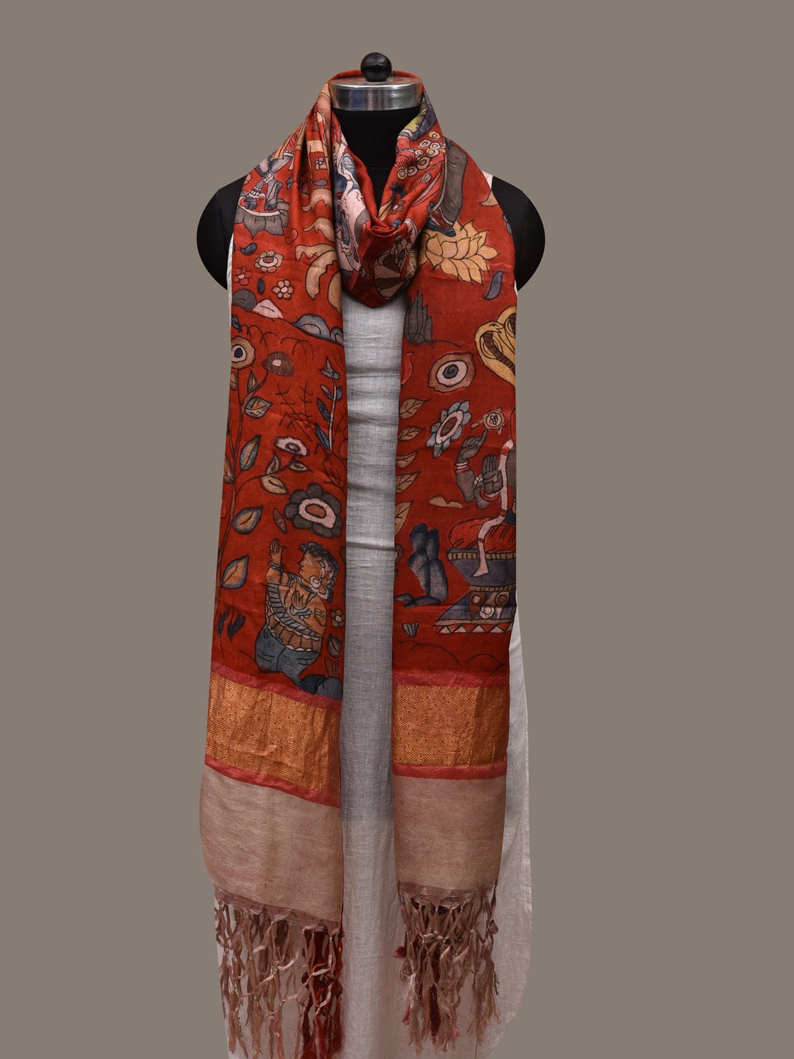Red Kalamkari Hand Painted Kanchipuram Silk Handloom Dupatta with Dashavatar Design - Global Threads - Distacart