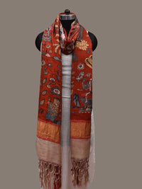 Thumbnail for Red Kalamkari Hand Painted Kanchipuram Silk Handloom Dupatta with Dashavatar Design - Global Threads - Distacart