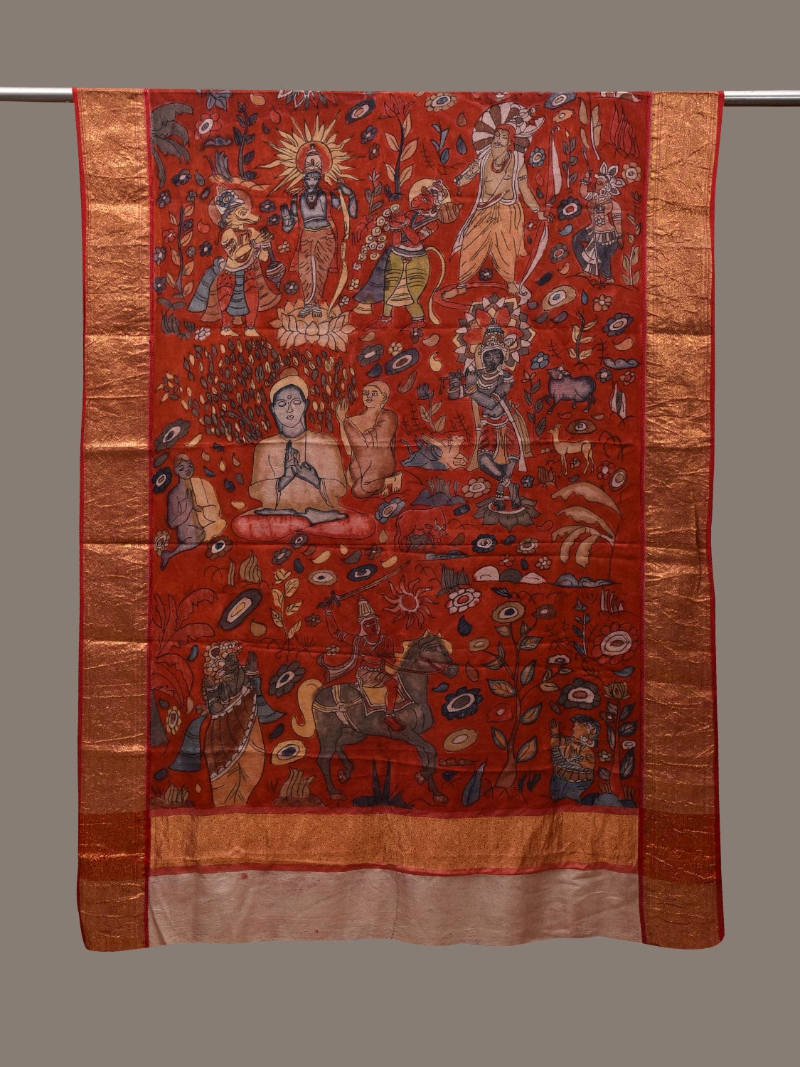 Red Kalamkari Hand Painted Kanchipuram Silk Handloom Dupatta with Dashavatar Design - Global Threads - Distacart