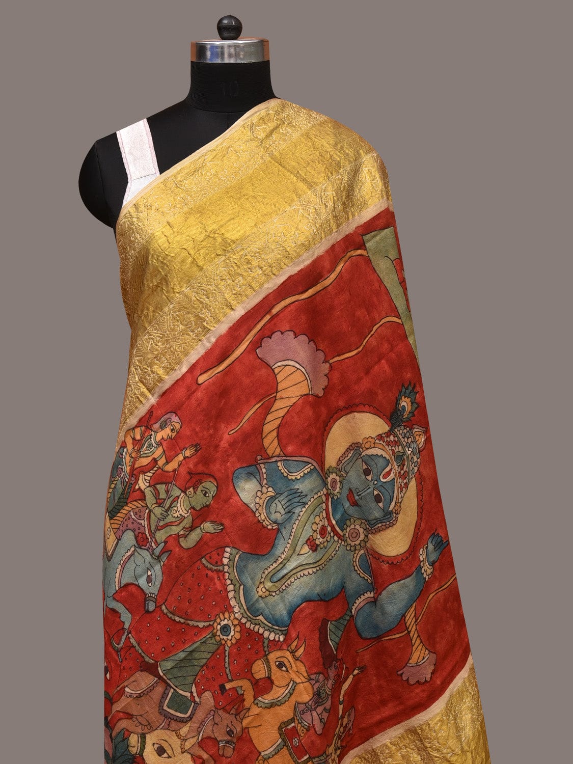 Red Kalamkari Hand Painted Kanchipuram Silk Handloom Dupatta with Krishna Design - Global Threads - Distacart