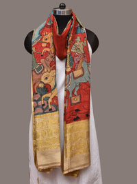 Thumbnail for Red Kalamkari Hand Painted Kanchipuram Silk Handloom Dupatta with Krishna Design - Global Threads - Distacart