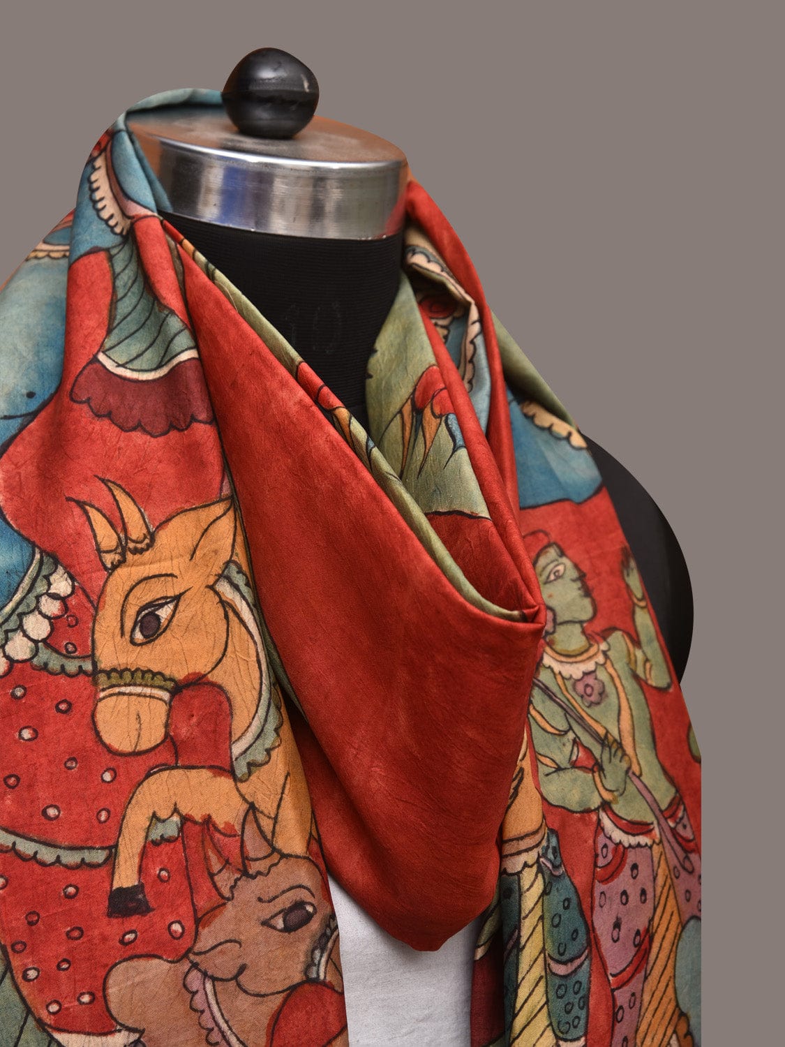Red Kalamkari Hand Painted Kanchipuram Silk Handloom Dupatta with Krishna Design - Global Threads - Distacart