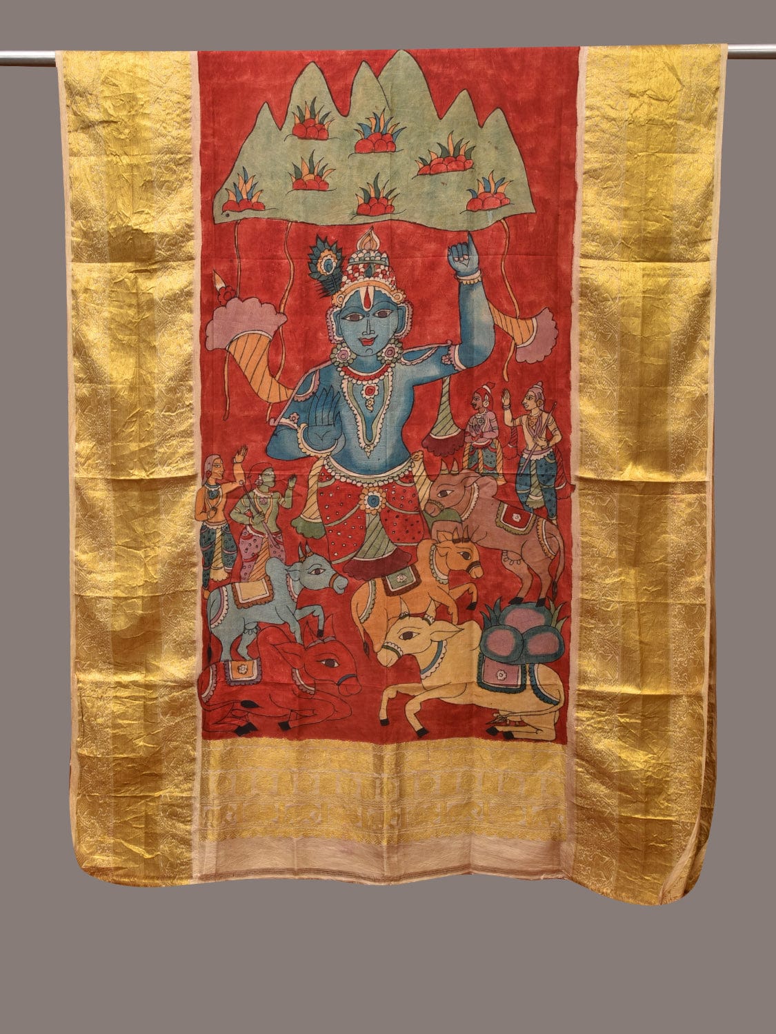 Red Kalamkari Hand Painted Kanchipuram Silk Handloom Dupatta with Krishna Design - Global Threads - Distacart
