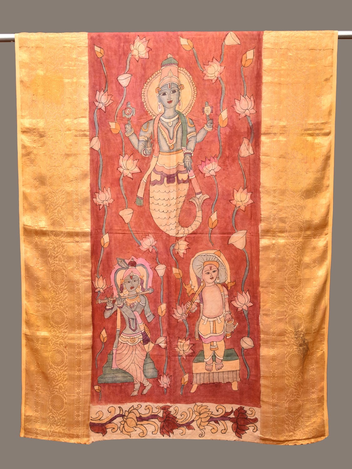 Red Kalamkari Hand Painted Kanchipuram Silk Handloom Dupatta with Lotus and God Design - Global Threads - Distacart