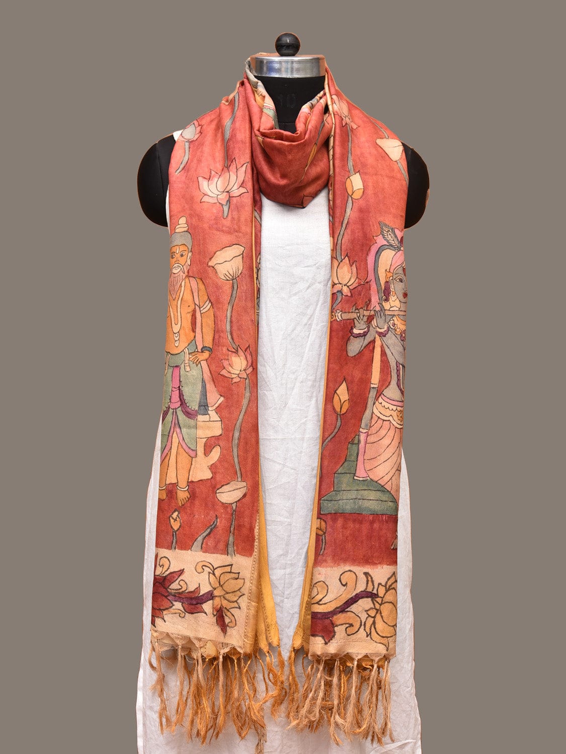 Red Kalamkari Hand Painted Kanchipuram Silk Handloom Dupatta with Lotus and God Design - Global Threads - Distacart