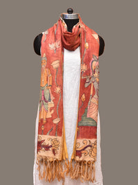 Thumbnail for Red Kalamkari Hand Painted Kanchipuram Silk Handloom Dupatta with Lotus and God Design - Global Threads - Distacart