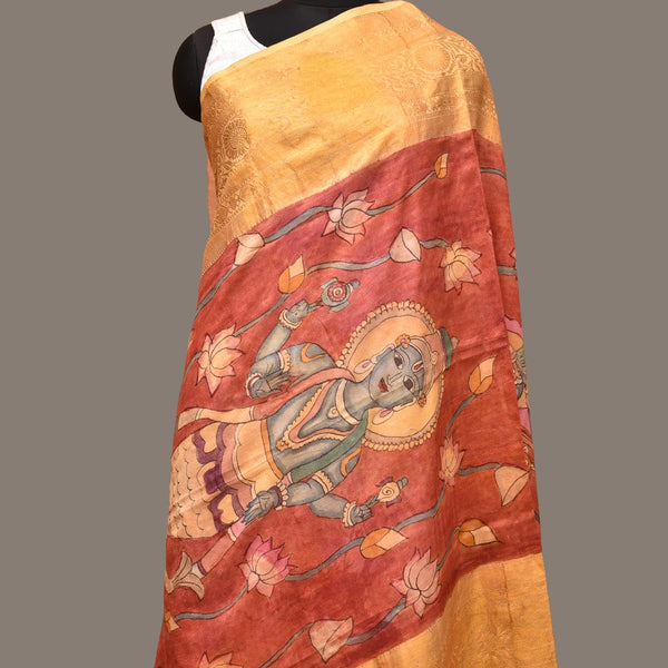 Red Kalamkari Hand Painted Kanchipuram Silk Handloom Dupatta with Lotus and God Design - Global Threads - Distacart