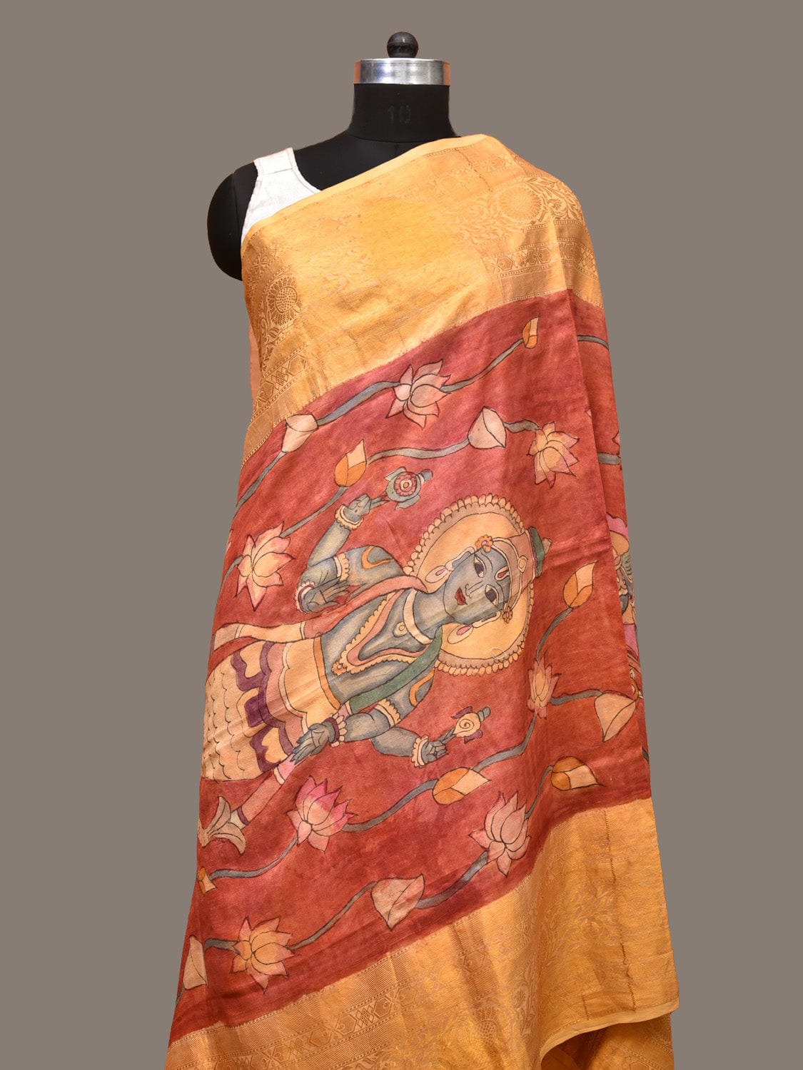 Red Kalamkari Hand Painted Kanchipuram Silk Handloom Dupatta with Lotus and God Design - Global Threads - Distacart