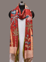 Thumbnail for Red Kalamkari Hand Painted Kanchipuram Silk Handloom Dupatta with Mountains and Birds Design - Global Threads - Distacart