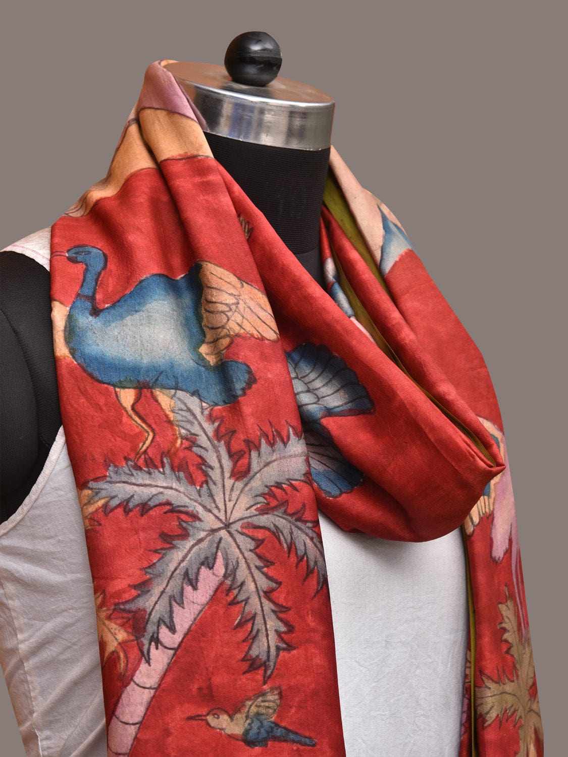 Red Kalamkari Hand Painted Kanchipuram Silk Handloom Dupatta with Mountains and Birds Design - Global Threads - Distacart