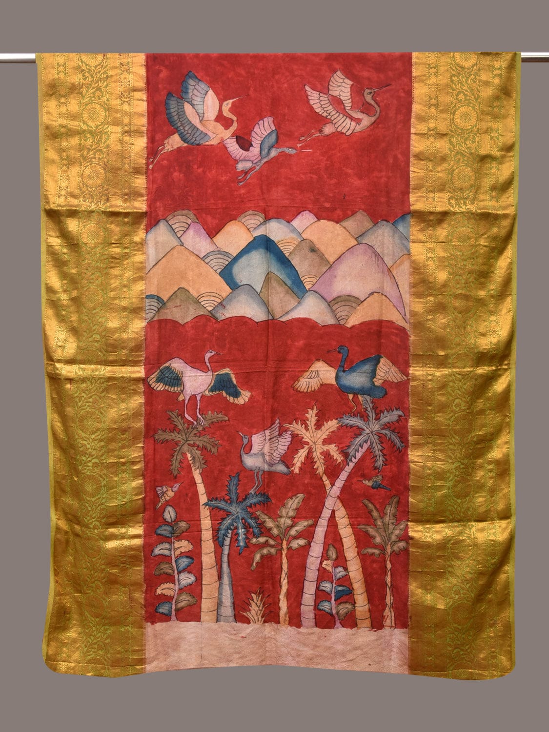 Red Kalamkari Hand Painted Kanchipuram Silk Handloom Dupatta with Mountains and Birds Design - Global Threads - Distacart
