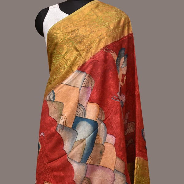 Red Kalamkari Hand Painted Kanchipuram Silk Handloom Dupatta with Mountains and Birds Design - Global Threads - Distacart
