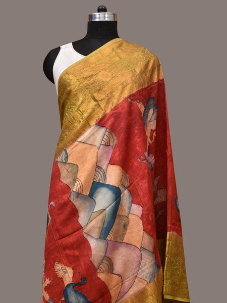 Red Kalamkari Hand Painted Kanchipuram Silk Handloom Dupatta with Mountains and Birds Design - Global Threads - Distacart