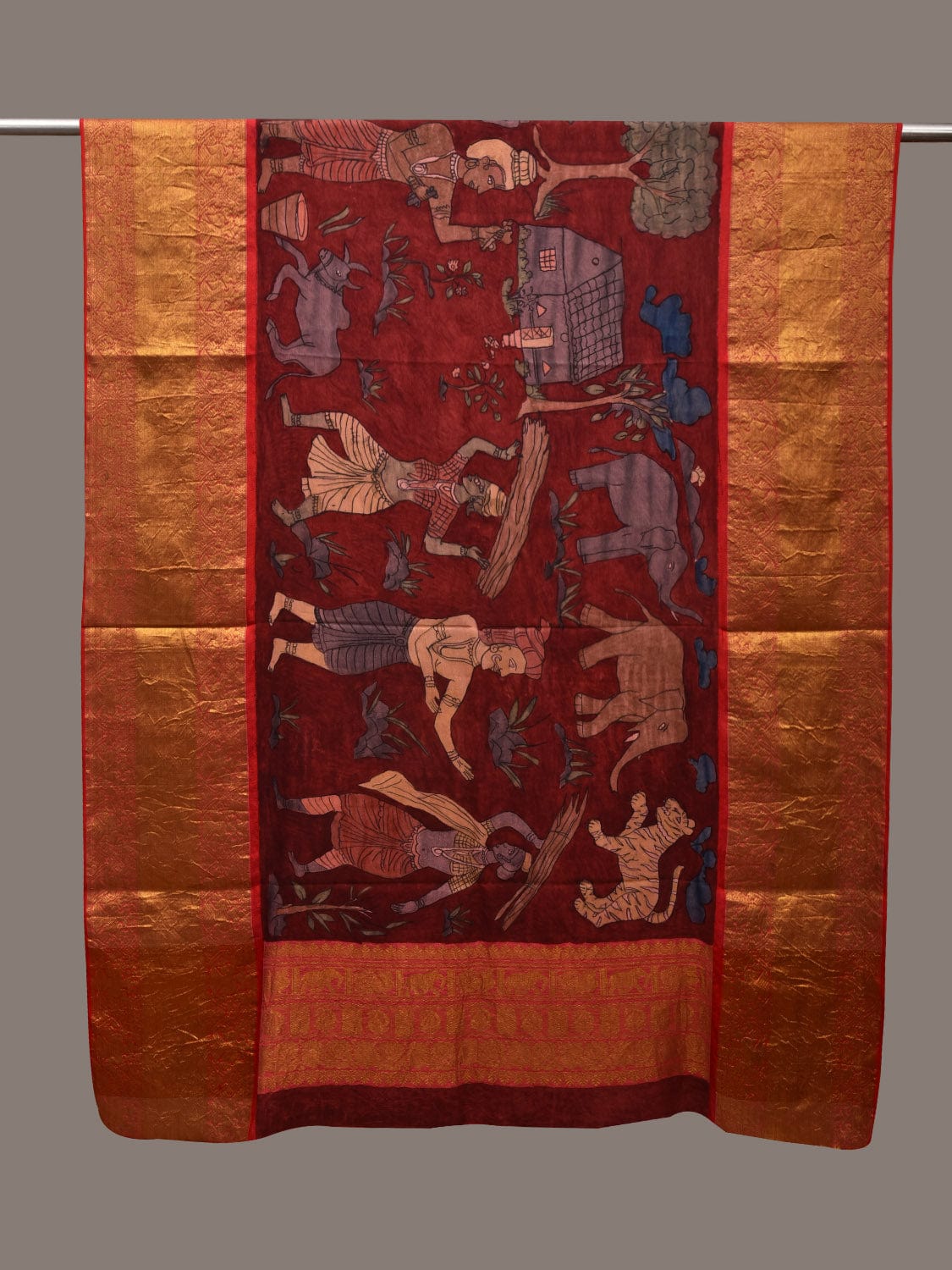Red Kalamkari Hand Painted Kanchipuram Silk Handloom Dupatta with Village Design - Global Threads - Distacart