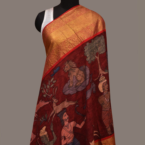 Red Kalamkari Hand Painted Kanchipuram Silk Handloom Dupatta with Village Design - Global Threads - Distacart