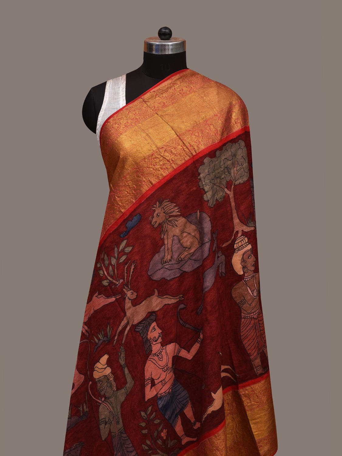 Red Kalamkari Hand Painted Kanchipuram Silk Handloom Dupatta with Village Design - Global Threads - Distacart