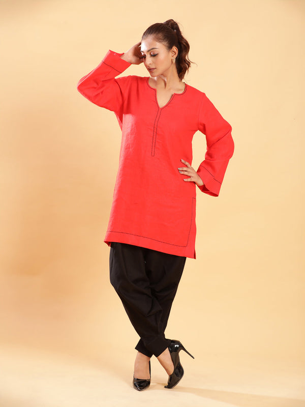 BohoJazz Red Threadwork Kurti with Black Harem Pants Co-ord Set