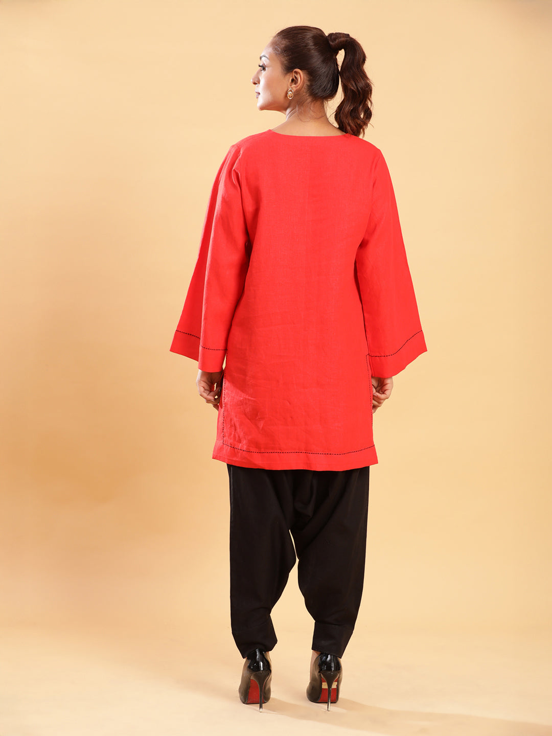 BohoJazz Red Threadwork Kurti with Black Harem Pants Co-ord Set