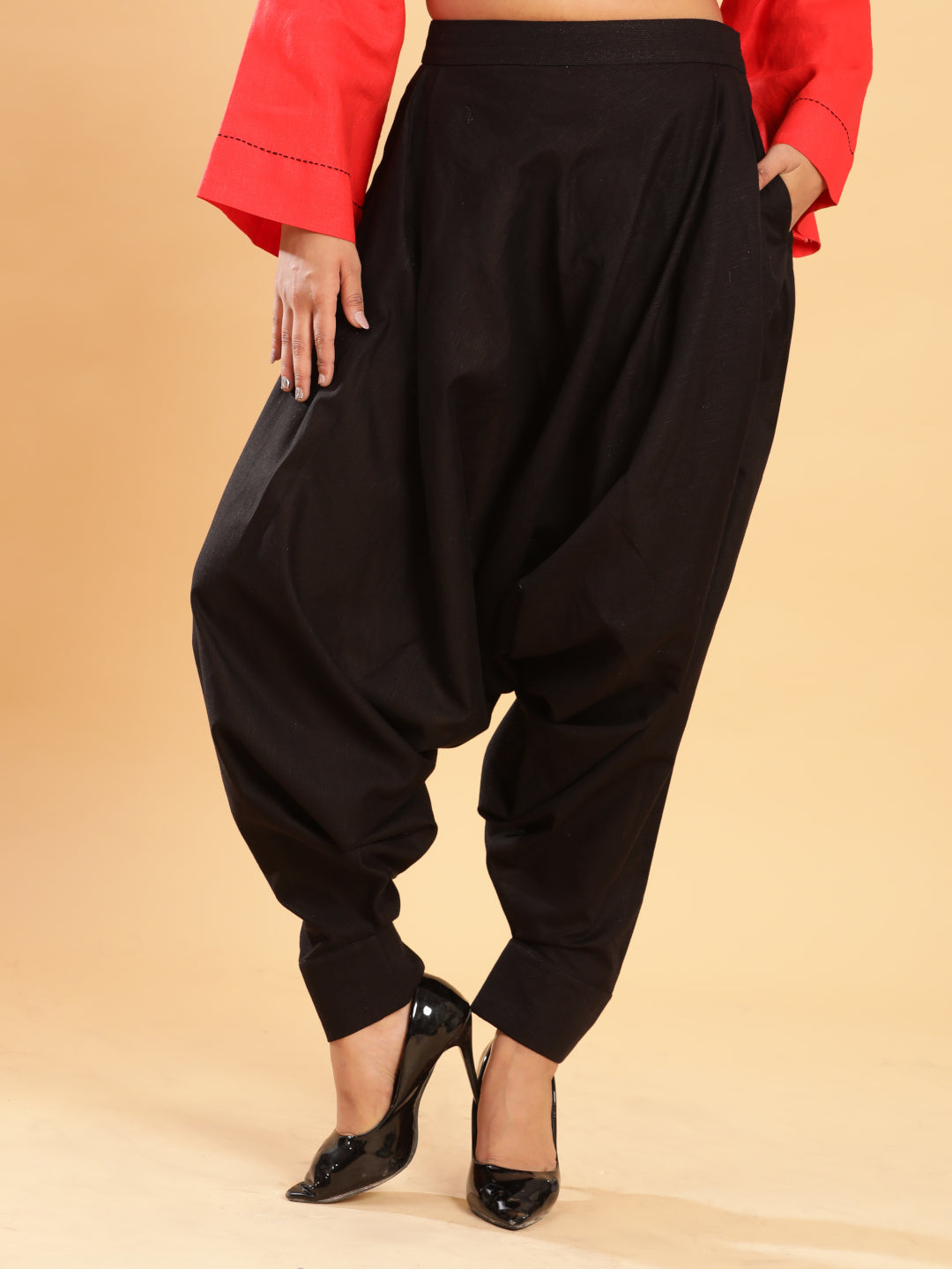 BohoJazz Red Threadwork Kurti with Black Harem Pants Co-ord Set