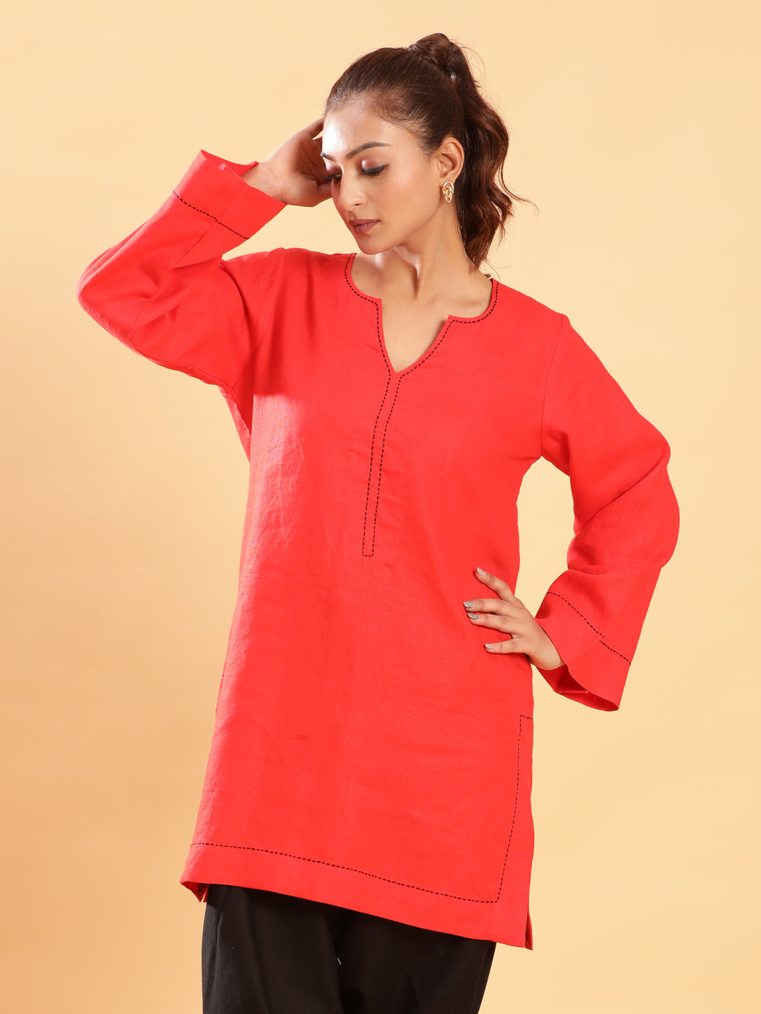 BohoJazz Bell Sleeves Red Linen Kurti Top with Threadwork