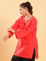 Thumbnail for BohoJazz Bell Sleeves Red Linen Kurti Top with Threadwork