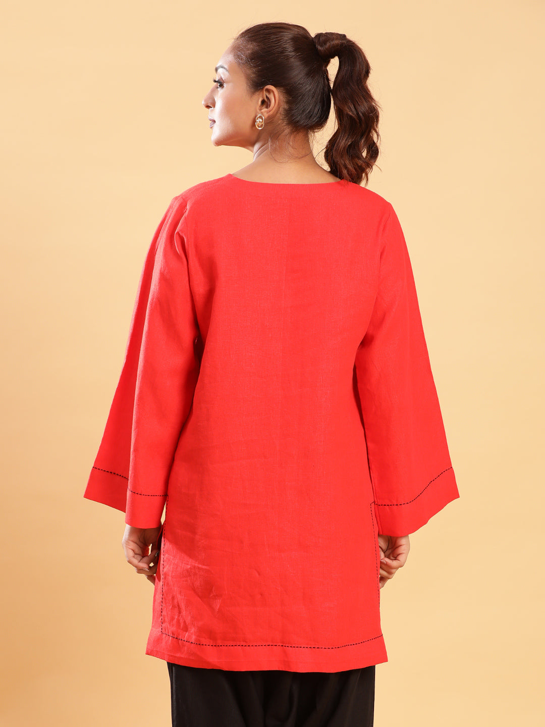 BohoJazz Bell Sleeves Red Linen Kurti Top with Threadwork