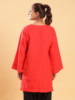 Thumbnail for BohoJazz Bell Sleeves Red Linen Kurti Top with Threadwork