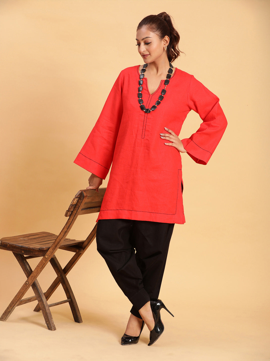 BohoJazz Bell Sleeves Red Linen Kurti Top with Threadwork
