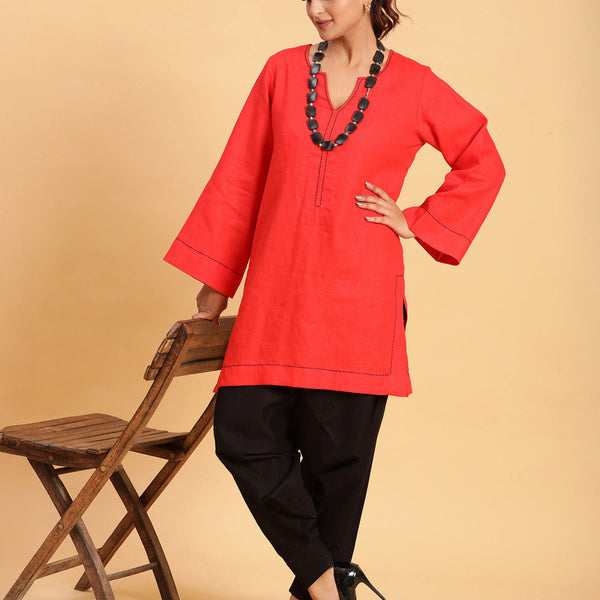 BohoJazz Bell Sleeves Red Linen Kurti Top with Threadwork