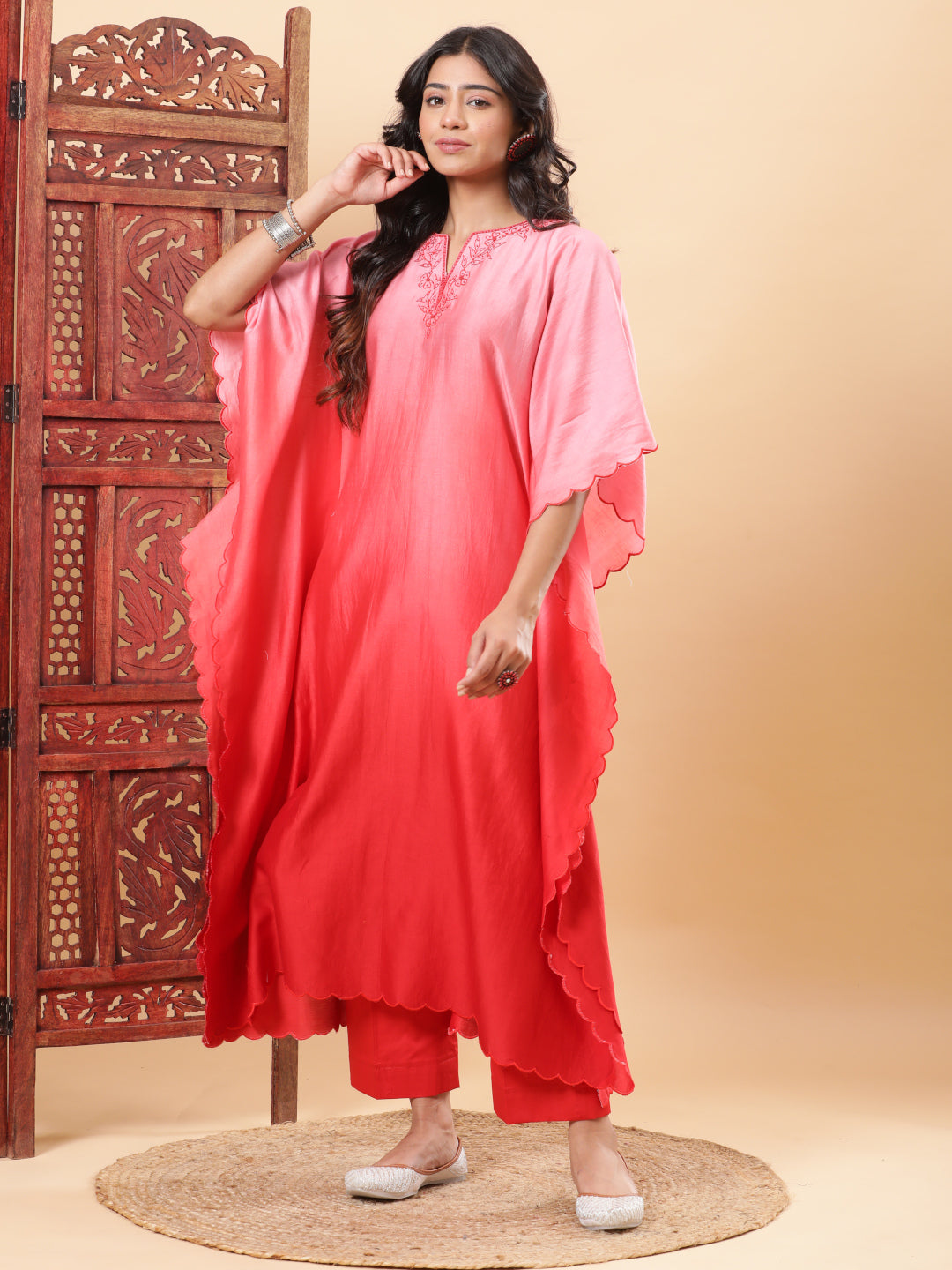 BohoJazz Red Ombre Embroidered Kaftan with Pants
