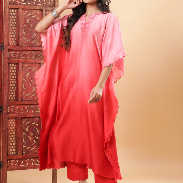 BohoJazz Red Ombre Embroidered Kaftan with Pants - Distacart