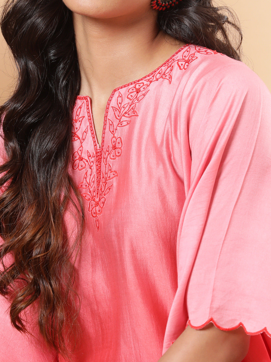 BohoJazz Red Ombre Embroidered Kaftan with Pants