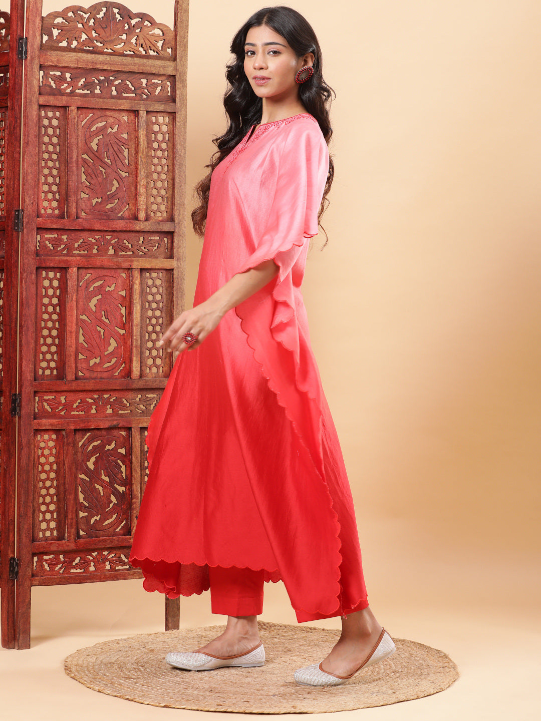BohoJazz Red Ombre Embroidered Kaftan with Pants