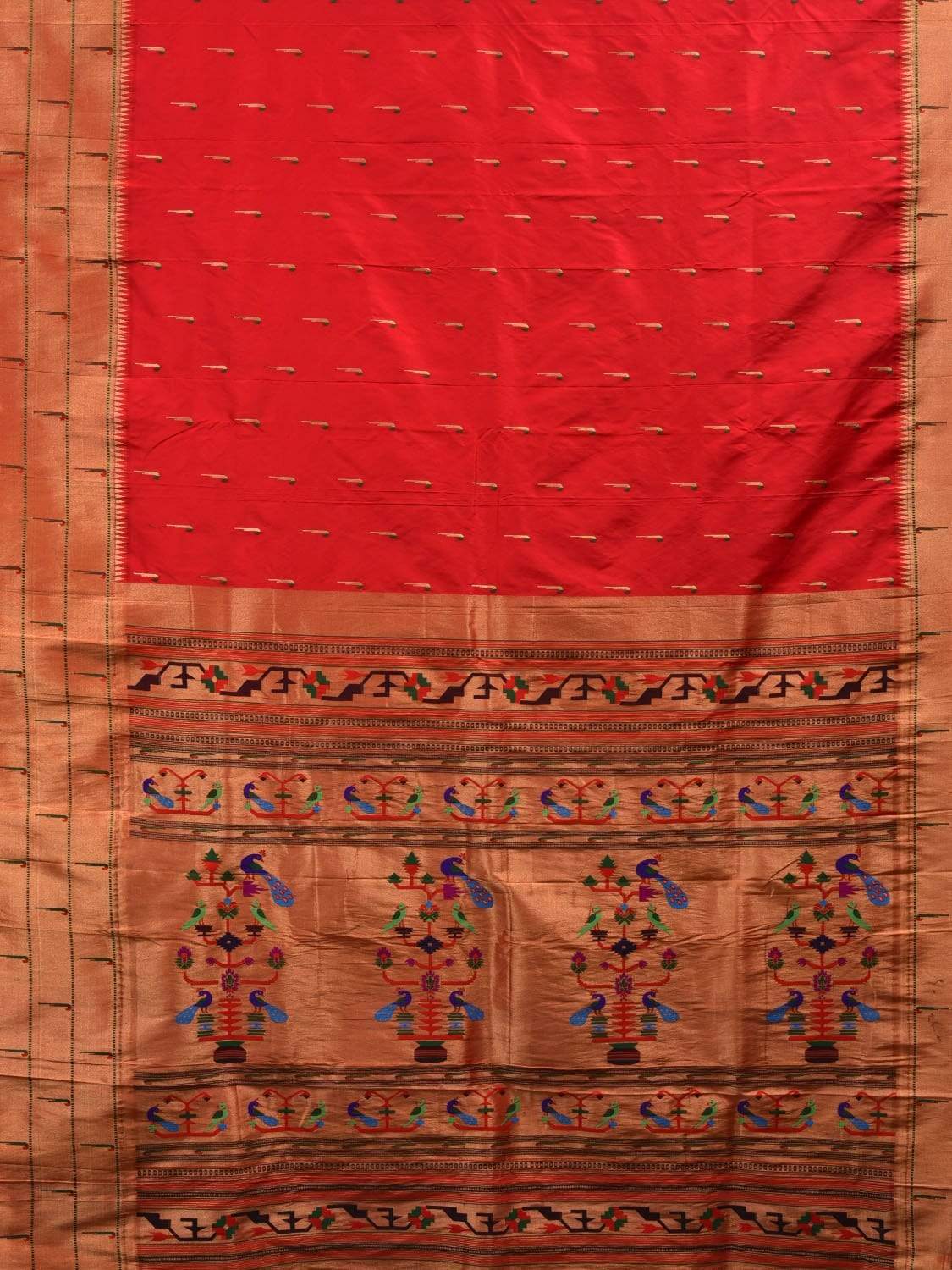 Red Paithani Silk Handloom Saree with Triple Muniya Border Saree - Global Threads - Distacart