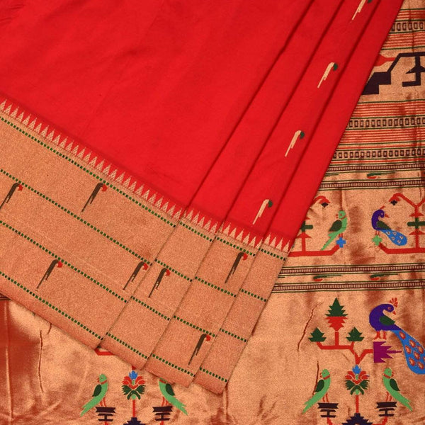Red Paithani Silk Handloom Saree with Triple Muniya Border Saree - Global Threads - Distacart